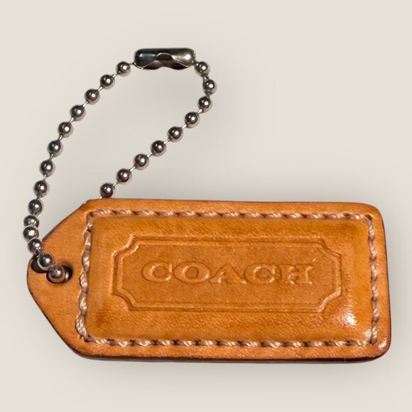 Coach Brown Leather Keychain Bag Tag Silver Ball Chain - Picture 1 of 2
